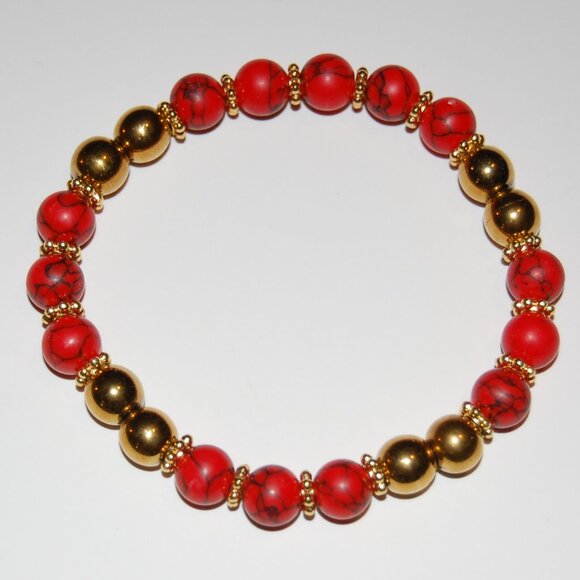 Red and Gold Bracelet,Red Howlite and Golden 8mm Beads - Picture 3 of 3